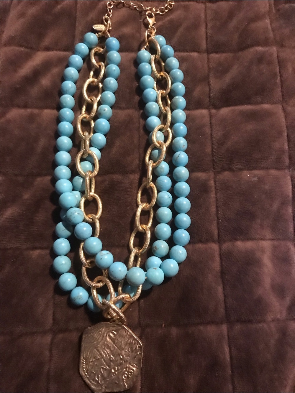 Susan Shaw Layered Turquoise Bead and Gold Chain Necklace with Medallion - Picture 2 of 5